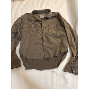 Tommy Bahama Jeans Reworked Cropped Raw Hem Lyocell Button Down Shirt Brown L